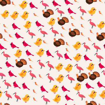 Pattern of cartoon birds including turkeys and cardinals