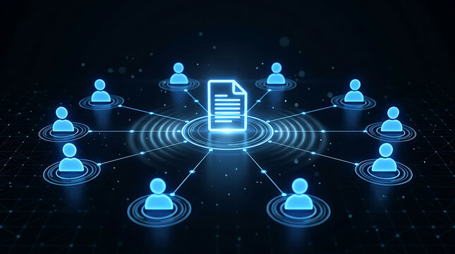 Document sharing and digital collaboration network concept with glowing icons