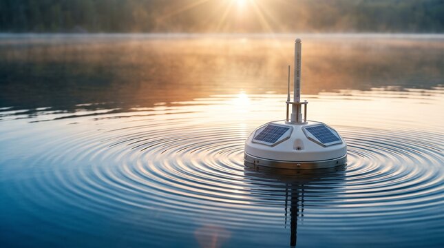 Close up of floating solar buoy broadcasting high frequency soundwaves to prevent toxic algae blooms in lake