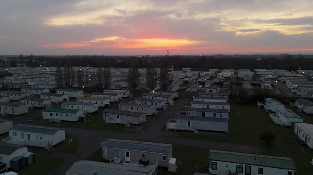 Aerial view of mobile homes at sunset