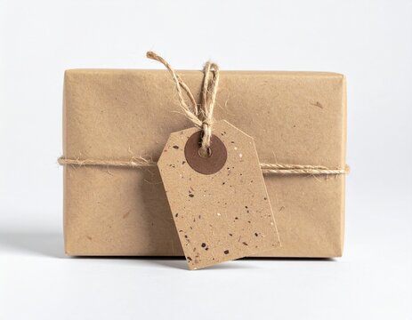 Minimalist Gift Package Wrapped in Kraft Paper with Twine and Tag on White Background