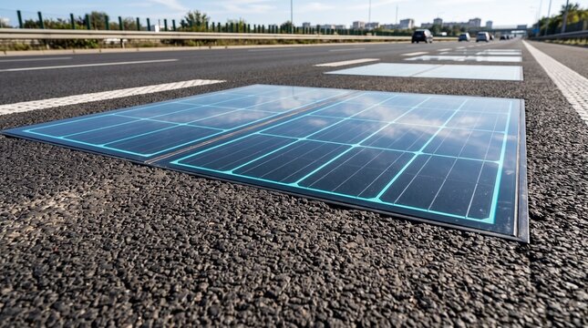 Low angle close up of asphalt highway embedded with solar glass inductive electric vehicle charging panels
