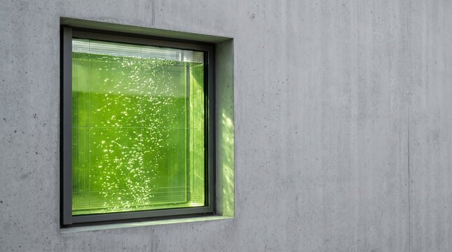 Close up of double glazed building window pane with green micro-algae circulating liquid generating power