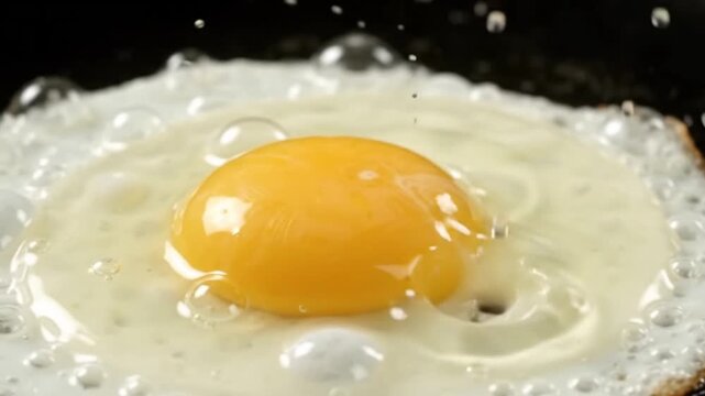 Egg yolk and white dripping into a hot frying pan, close-up, slow motion