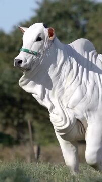 Young white zebu calf running fast across green pasture during sunny day captured in dynamic slow motion video footage showcasing powerful rural livestock movement