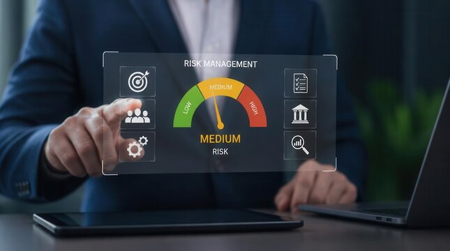 A business professional's hand interacts with a digital interface displaying a risk assessment gauge, indicating a medium level of peril with accompanying icons representing data, teamwork