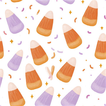 Candy corn pattern with pastel orange and purple colors, festive Halloween design with confetti and stars, cheerful and playful