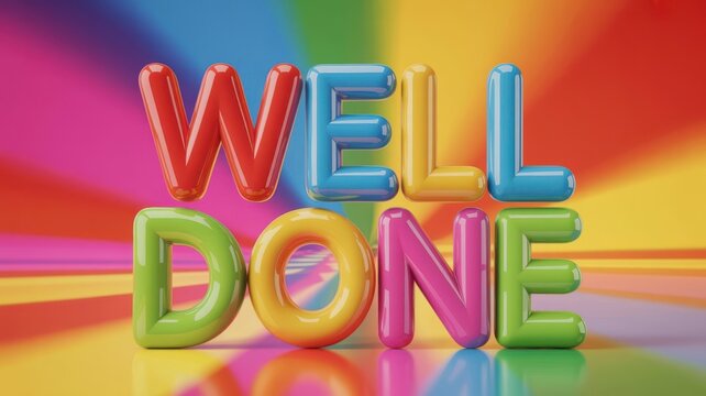 Well done text in colorful 3 d bubble letters on a rainbow background