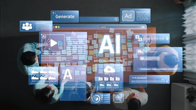 A modern workspace featuring artificial intelligence concepts and a digital interface. The image captures collaboration and innovation within a business environment. Raster