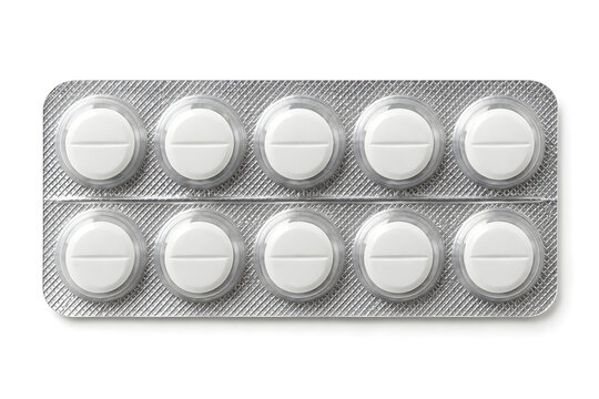 Realistic silver aluminum and transparent plastic pharmaceutical blister pack containing plain white scored tablets, isolated on a pure white background.