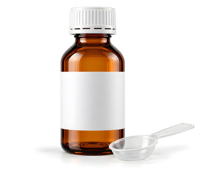 Amber glass pharmaceutical syrup bottle with a white child resistant cap and transparent measuring spoon, isolated on white as a clean medical packaging concept.