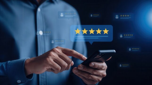 A man's hand precisely taps his smartphone screen, displaying a vibrant five-star rating bubble against a softly illuminated, technologically advanced setting, symbolizing user satisfaction