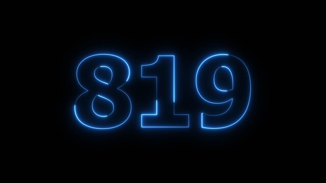 Abstract Glowing Beautiful Blue Neon Number 819 on Black Background 4k Illustration.