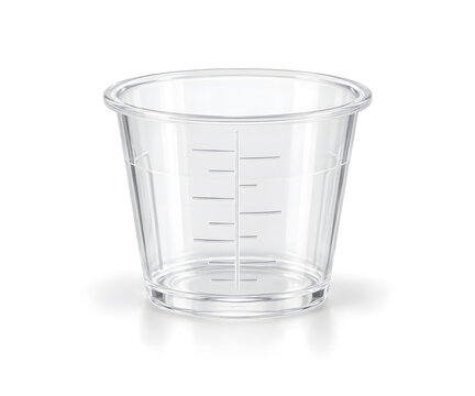 Clear medical grade plastic medicine measuring cup with molded measurement markings and no readable numbers, isolated on a pure white background.