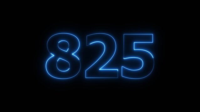 Abstract Glowing Beautiful Blue Neon Number 825 on Black Background 4k Illustration.