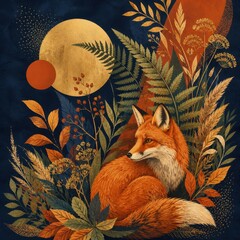 Fototapeta premium Autumn fox illustration beneath golden moon amid forest foliage