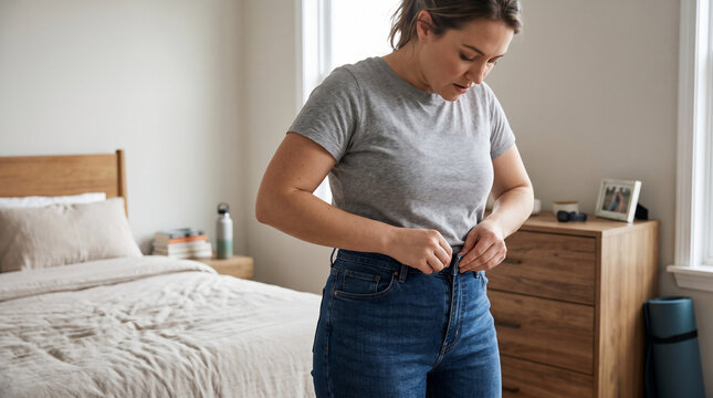 Frustrated Struggle: A woman in her bedroom grapples with her jeans, struggling to fasten them, a relatable moment of personal challenge and self-consciousness.