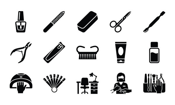 Set of black icons representing professional manicure and pedicure tools and nail salon equipment
