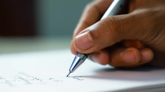 Close-up of hand writing notes with pen, Close-up of a person writing notes on white paper with a silver pen, showing focus, learning, and everyday office work.