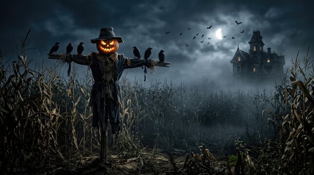 Scarecrow with pumpkin head wearing a hat in a misty field on halloween night full moon haunted house dark hat