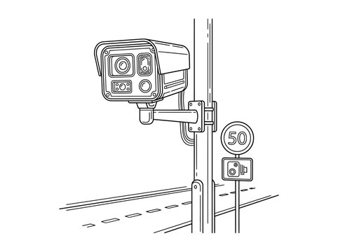 Vector line art illustration of a traffic speed camera mounted on a pole near a road.