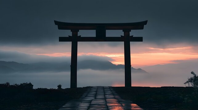 A traditional Japanese torii gate stands silhouetted against a misty mountain landscape at dawn or dusk with soft pastel sky colors