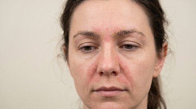 Female face with severe seborrheic dermatitis and eczema flaking around nose and eyebrows
