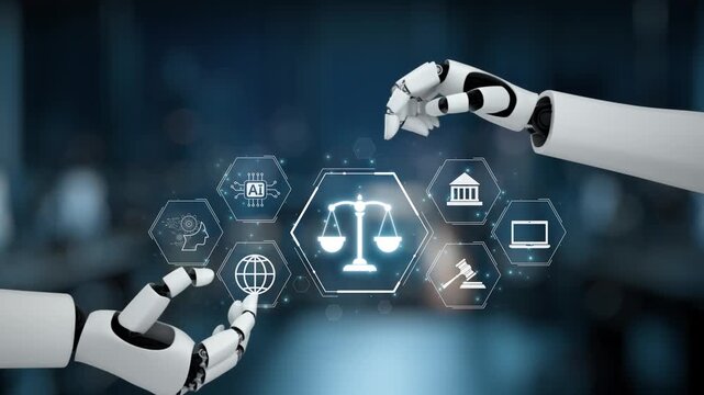 A captivating blend of technology and law, showcasing robotic hands engaging with digital symbols of justice, AI, and legal frameworks in a modern setting. Synapse