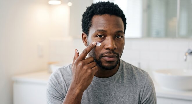African American Man Applying Healing Cream to Bruised Eye in Bathroom