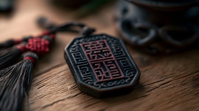 A traditional Chinese amulet with engraved characters rests on a wooden surface beside a red and black tassel