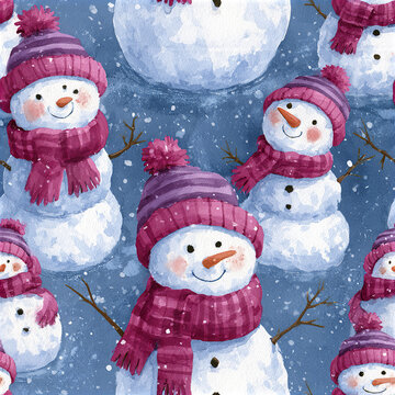 Happy snowman family seamless pattern with charming snowmen wearing purple hats and scarves on snowy blue background