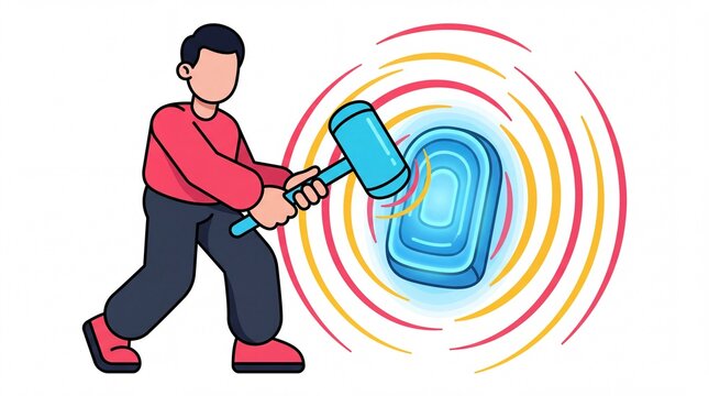New year vektor illustration of man hitting large button with hammer