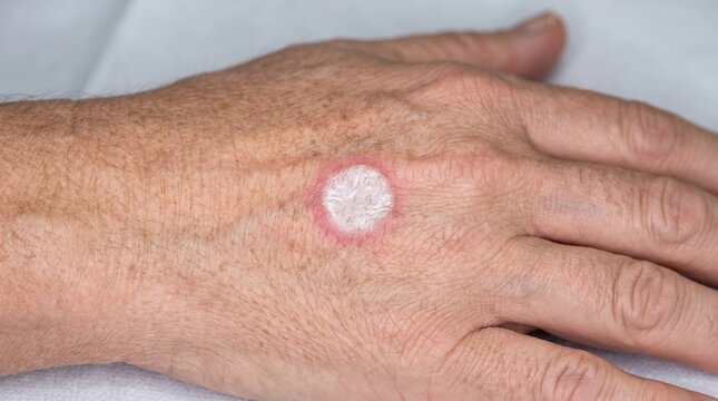 Close-up of a human hand affected by psoriasis or ringworm showing a red scaly circular plaque
