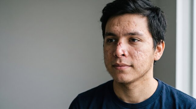 Young Hispanic man looking away showing active acne vulgaris breakouts and inflammatory papules on face