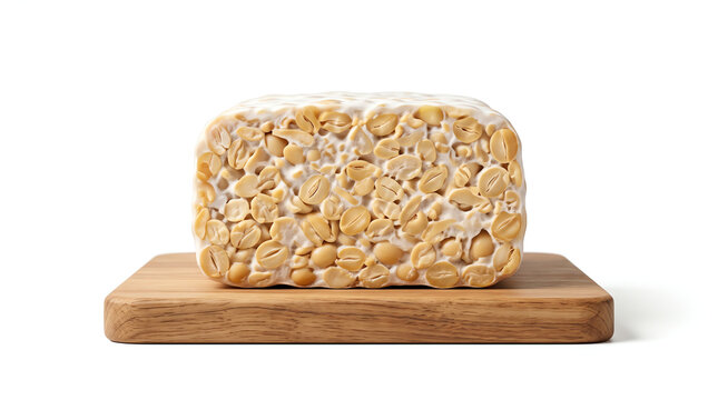 A block of fresh tempeh on a wooden cutting board