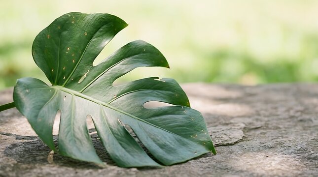 A single green monstera leaf resting on a textured wooden surface with a soft natural blurred background