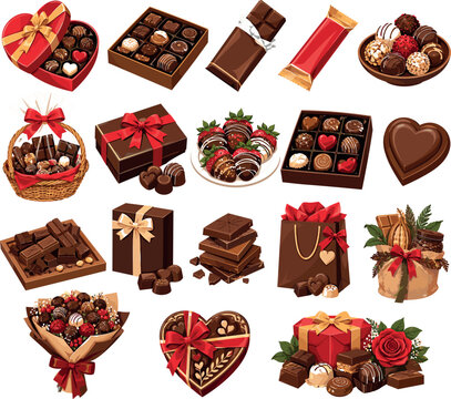 Chocolate gift vector illustration set with heart shaped box, assorted pralines, candy bars, gift basket, chocolate strawberries, bouquet, red ribbons, and rose for Valentine's Day designs