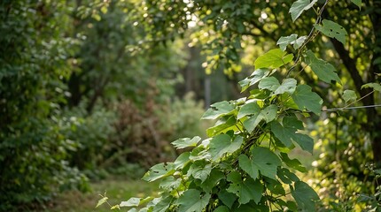Obraz premium Lush green garden foliage with soft sunlight filtering through the trees in a peaceful summer backyard setting