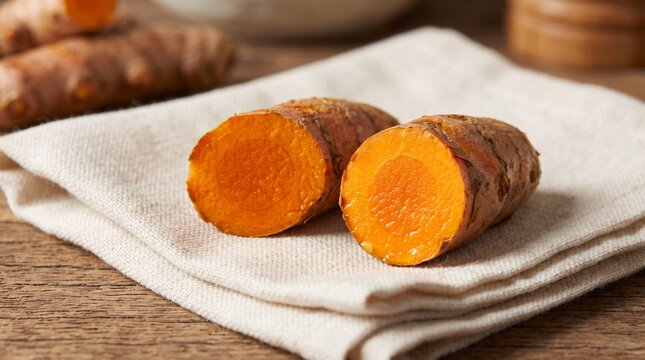 Fresh turmeric root cut in half on a white cloth
