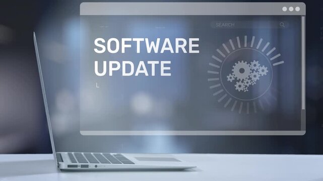 A laptop screen displays a software update notification, featuring gears and a progress indicator, representing modern technology and digital enhancements in user experience. Salient