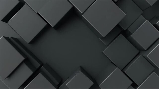 Abstract dark grey cubes moving in and out with empty space in center