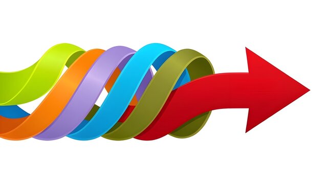 Colorful twisted ribbons merging into a single bold red arrow pointing right representing business synergy and united teamwork on white background