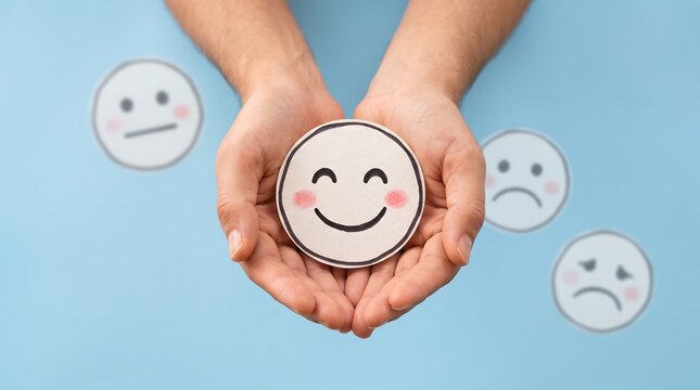 Hands holding a happy paper smiley face icon to represent positive customer feedback or emotional satisfaction in a professional business environment on a blue background