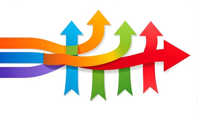 Colorful ribbons splitting into multiple arrows pointing in different directions symbolizing diverse choices and business flexibility on white background