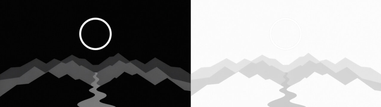 Minimalist landscape illustration featuring a stylized sun or moon above layered mountain silhouettes and a winding river path in a dualtone aesthetic isolated on transparent background