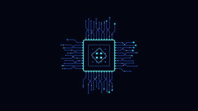 Abstract circuit board pattern with glowing blue lines on a black background