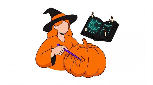 Halloween vektor penyihir mengukir labu dengan tongkat sihir