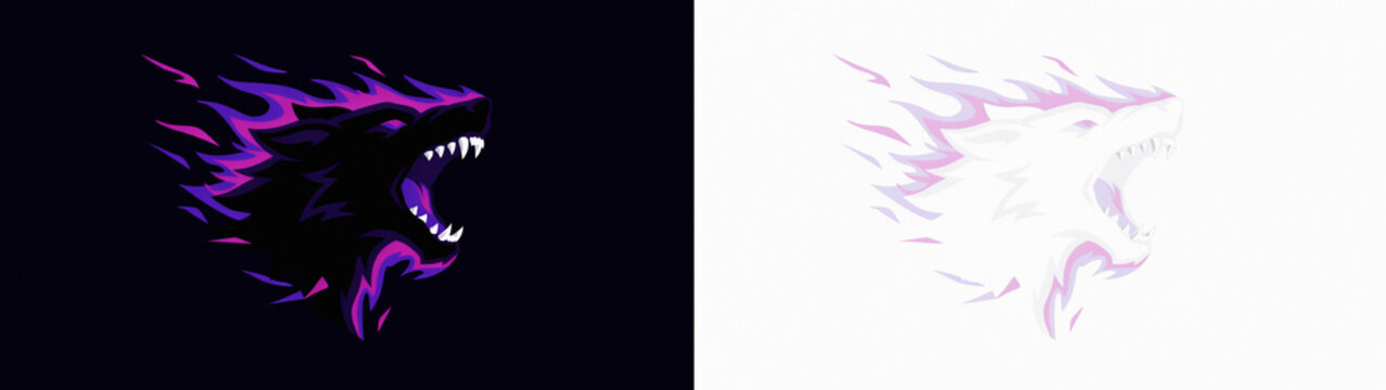 Set of two aggressive wolf head logos with flaming fur effect, one in dark purple and black and one in light pink and white, vector illustration isolated on transparent background
