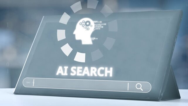 Modern digital interface showcasing an AI search concept with a brain icon and search bar. Ideal for representing advancements in technology and intelligence in various applications. Salient