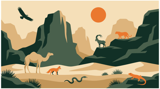 Desert wildlife animals flat vector illustration with camel ibex fox snake and lizard in mountain wilderness
